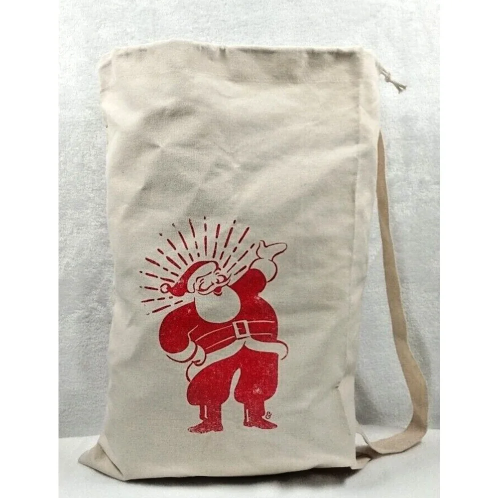 Retro Style Santa Large Canvas Tote Gift Bag Shopping Christmas 24x15 Drawstring